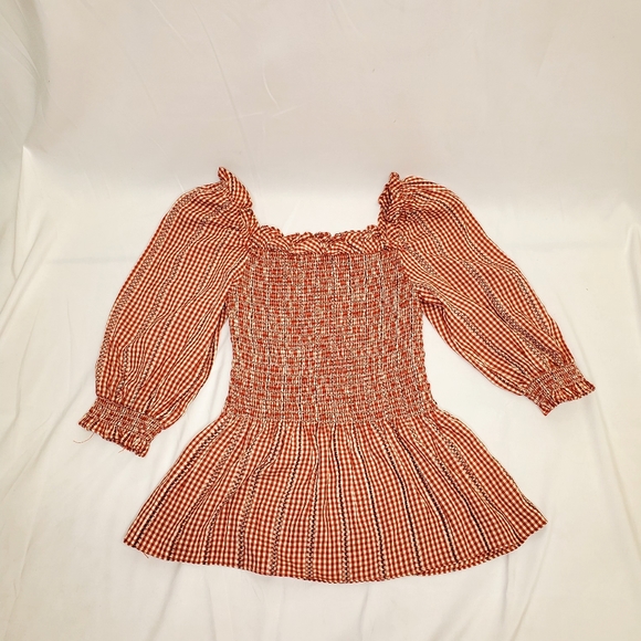 MAX STUDIO Red Smoking Gingham Peplum Off shoulder blouse 3/4 sleeves Size S/M - Picture 8 of 13